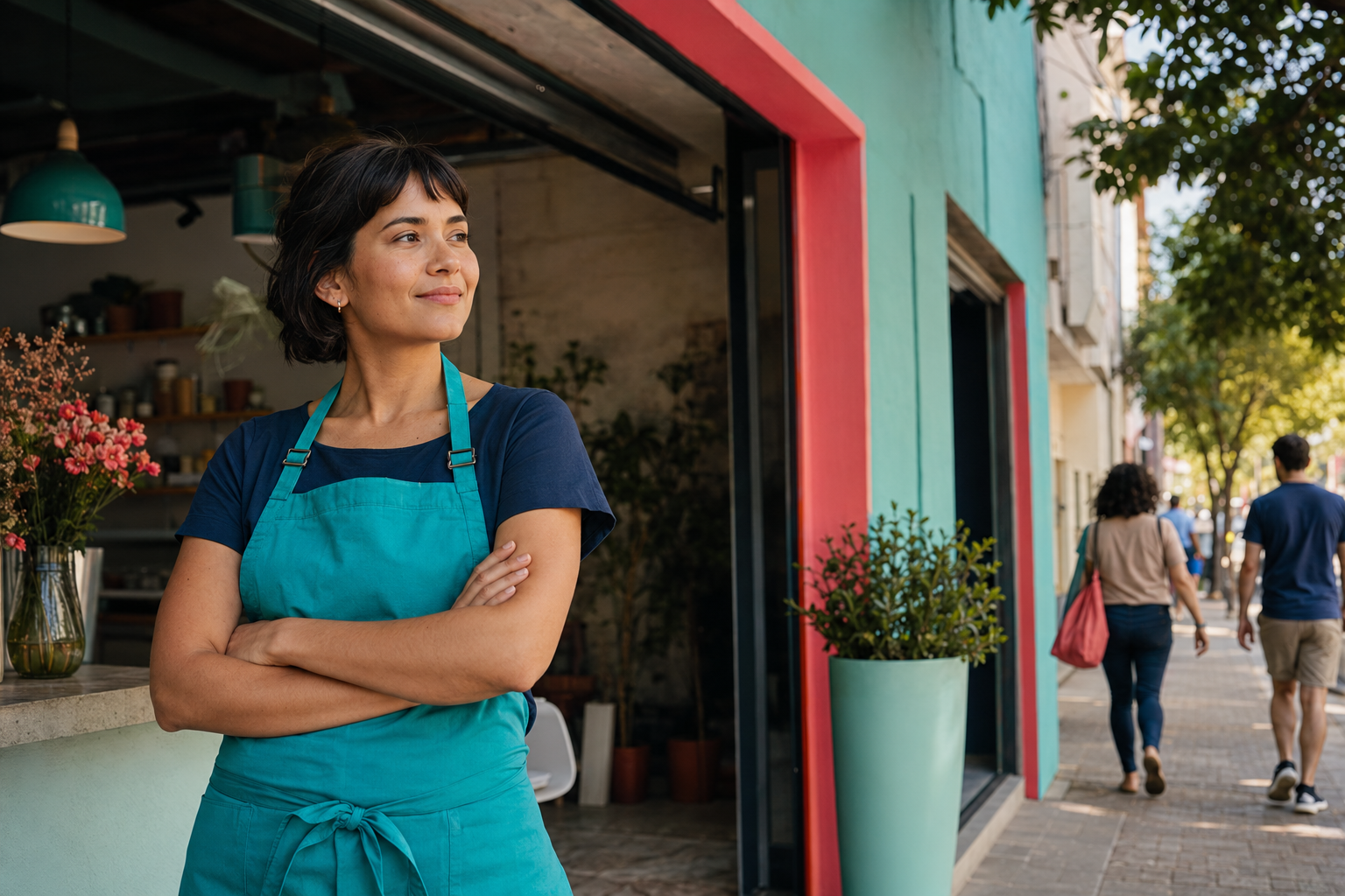Empreendedora em frente ao seu comércio local